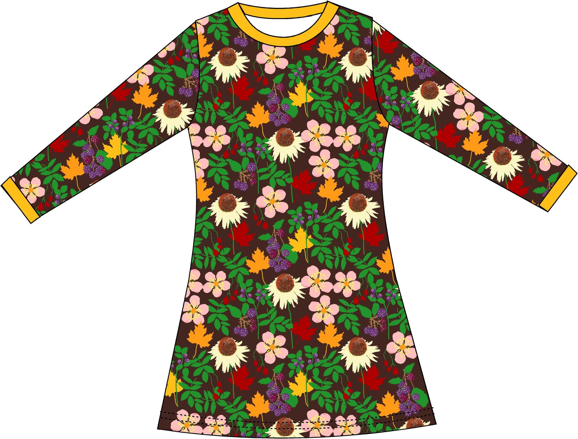 Duns Sweden - Longsleeve Dress Autumn Flowers Brown