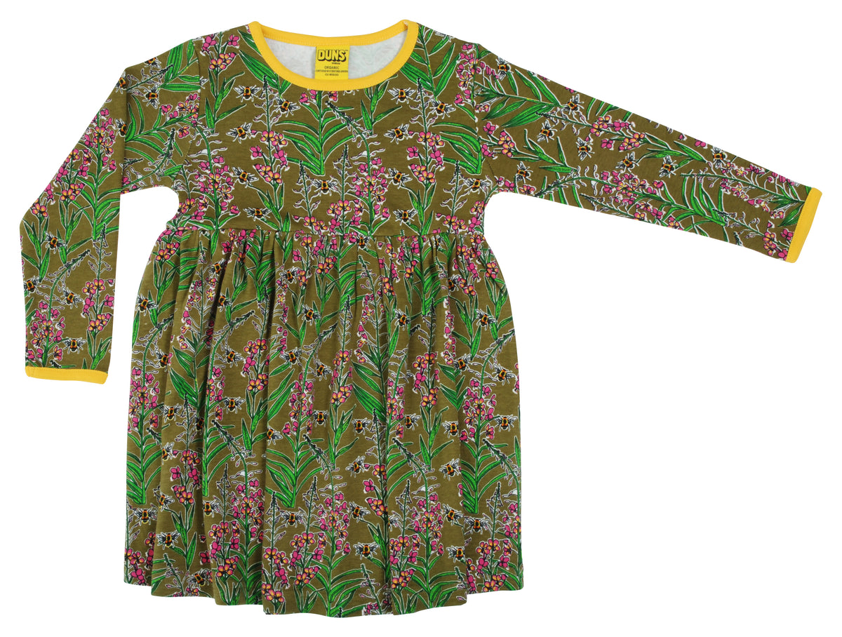 Duns Sweden - Longsleeve Gather Dress Willowherb Olive - Zwierjurk Lange Mouw Wilgenroosjes Olijfgroen