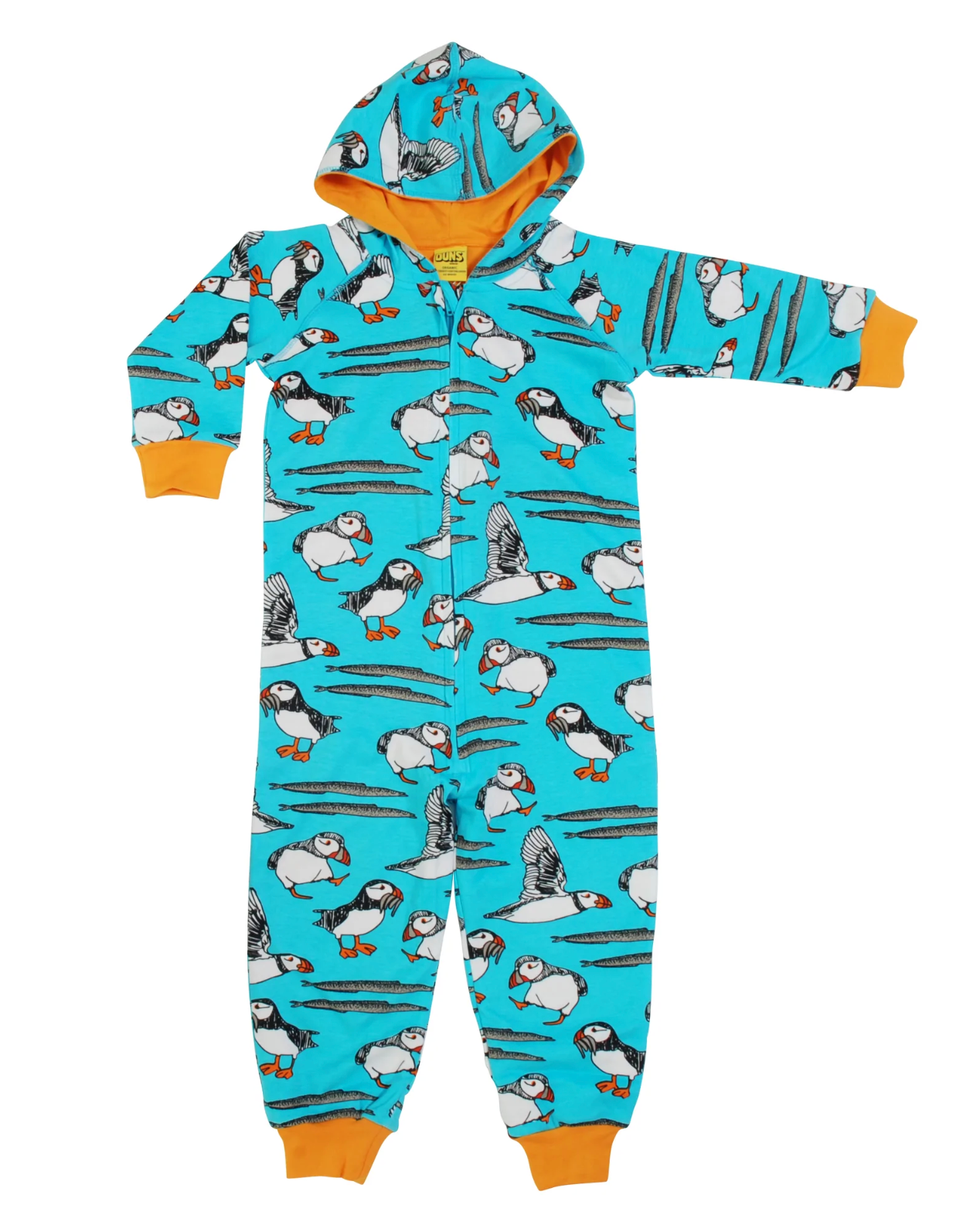 Duns Sweden - Hooded Suit Puffin Turquoise - Onesie Papegaaiduikers Blauw